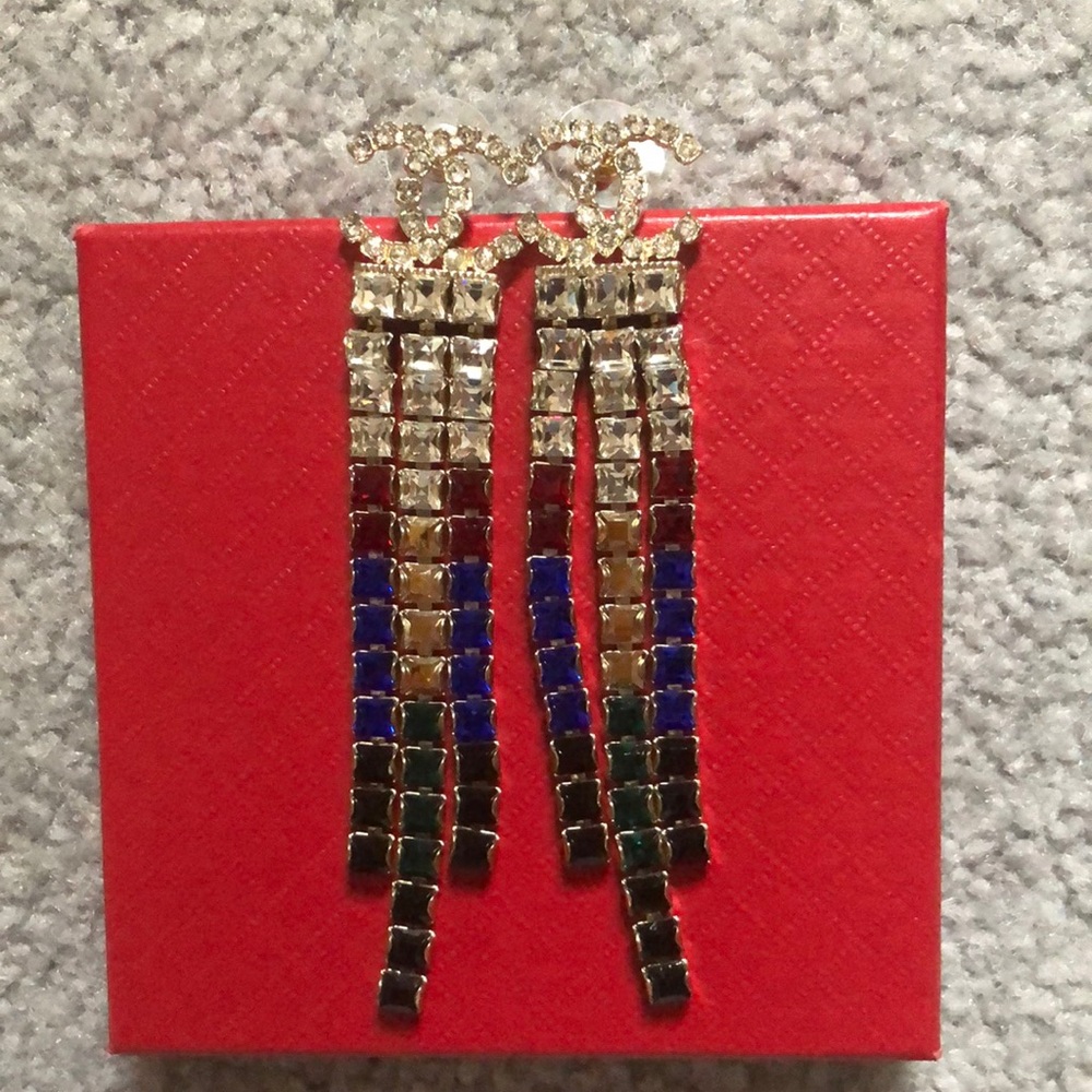 Authentic Chanel 13K CC Multicolor Crystal Drop Earrings